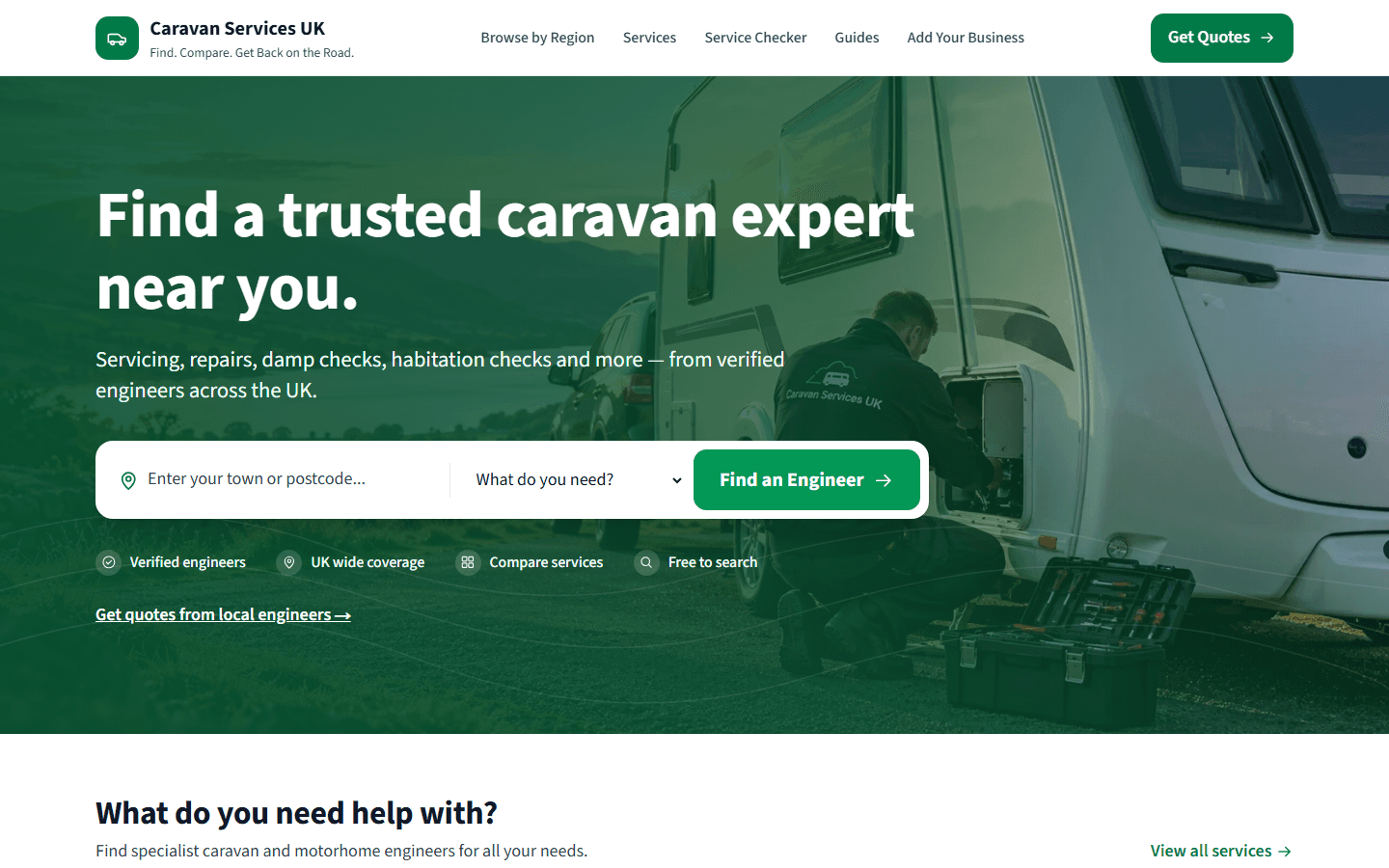Caravan Services UK website, built by Swift Site Solutions